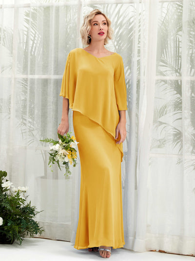 Carlyna Violaine A-Line Mustard Yellow Bridesmaid Dress Maxi Three Quarter Sleeve V-Neck Dress #color_mustard-yellow