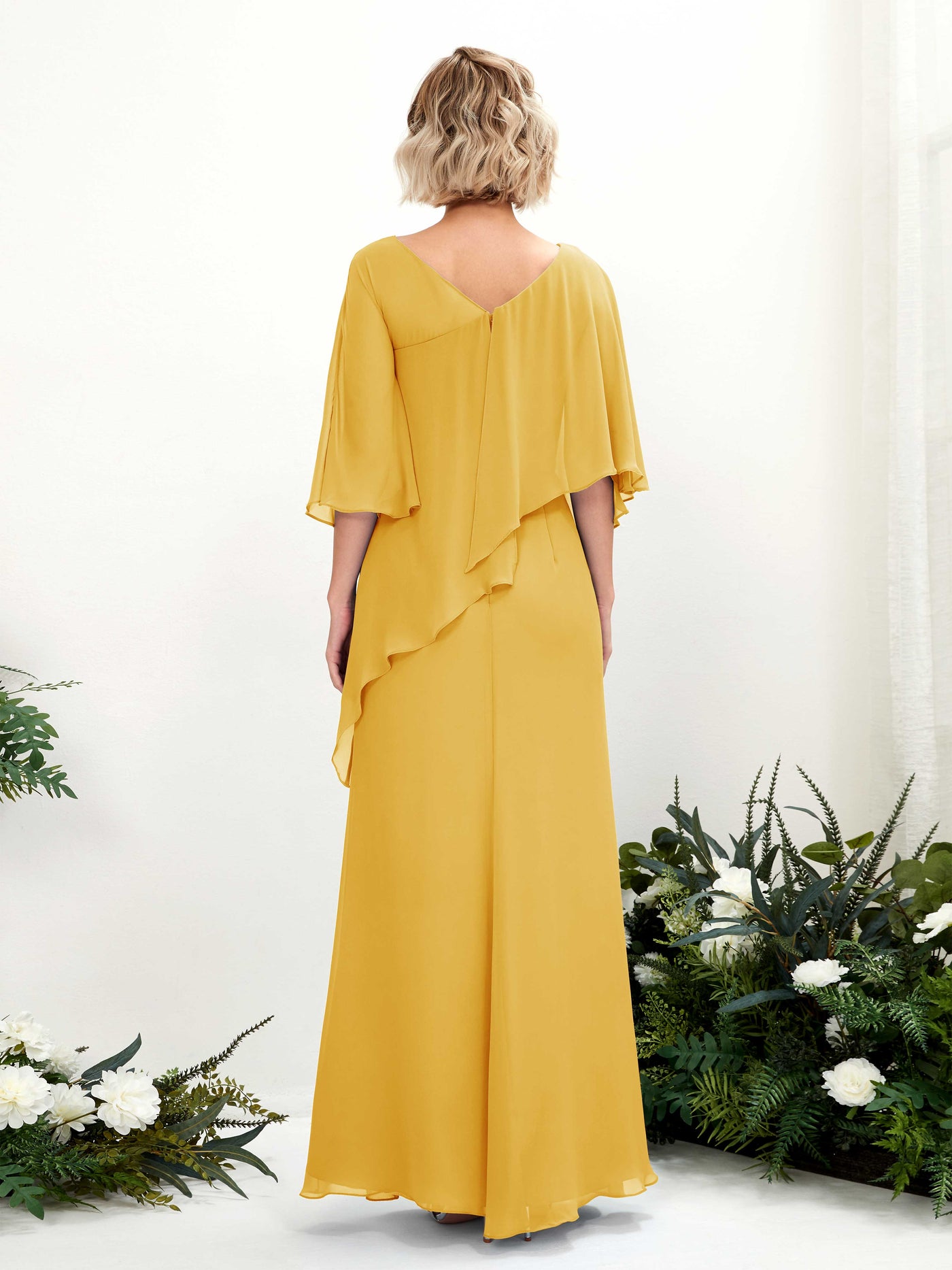 V-neck 3/4 Sleeves Chiffon Bridesmaid Dress - Mustard Yellow (81222533)#color_mustard-yellow