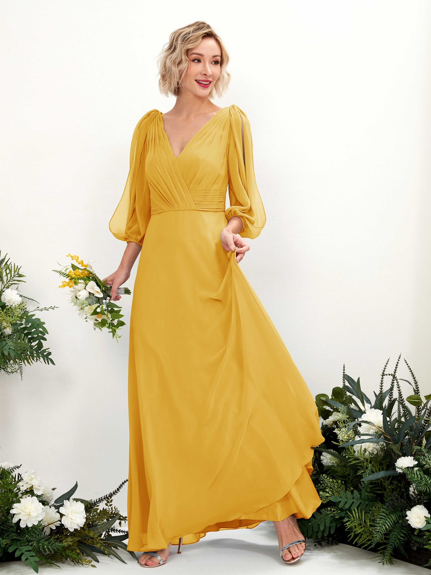 V-neck 3/4 Sleeves Chiffon Bridesmaid Dress - Mustard Yellow (81223533)#color_mustard-yellow