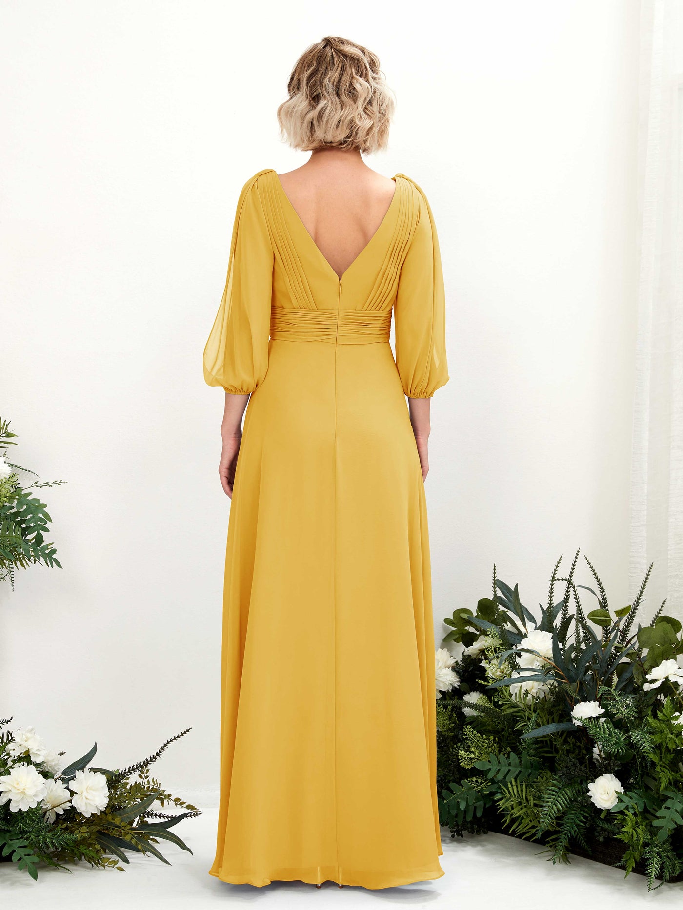 V-neck 3/4 Sleeves Chiffon Bridesmaid Dress - Mustard Yellow (81223533)#color_mustard-yellow