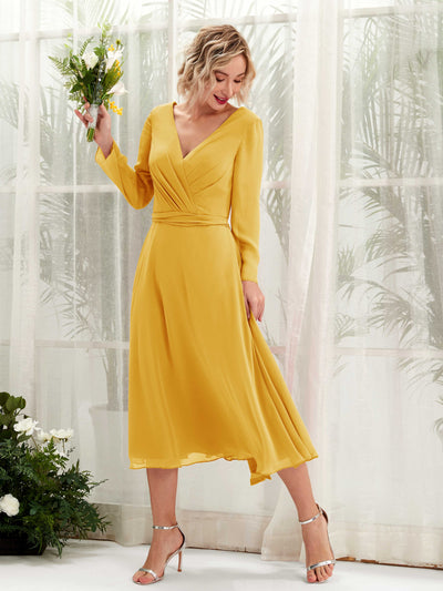 Carlyna Joanna A-Line Mustard Yellow Bridesmaid Dress Midi Long Sleeve V-Neck  #color_mustard-yellow