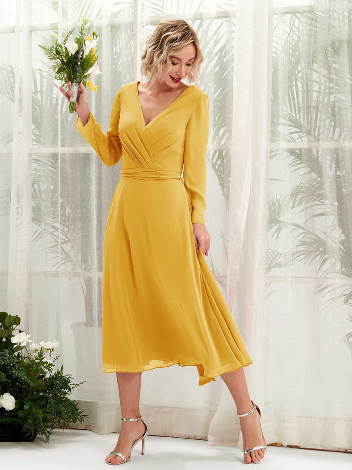 V-neck Long Sleeves Chiffon Bridesmaid Dress - Mustard Yellow (81223333)