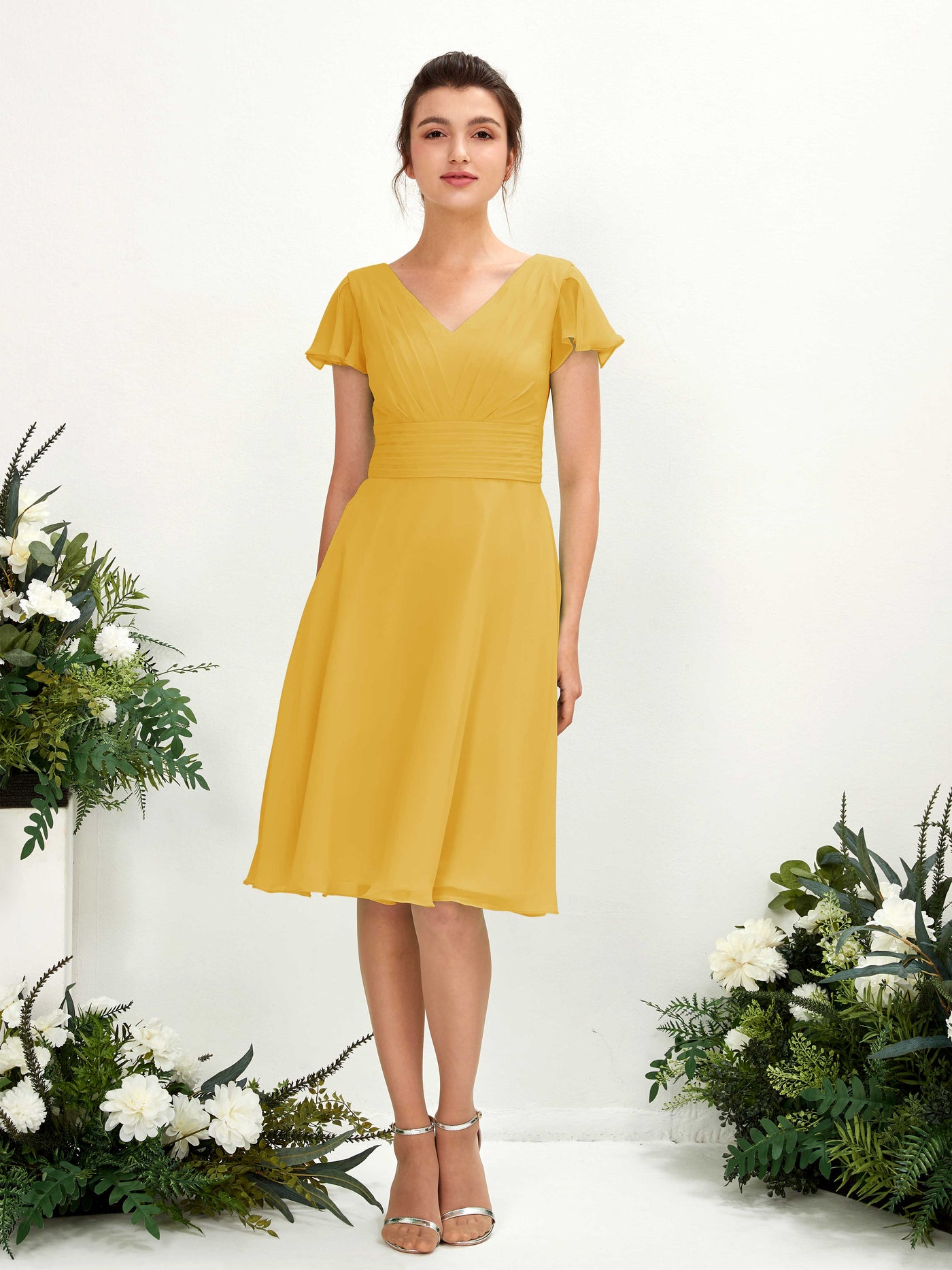 V-neck Short Sleeves Chiffon Bridesmaid Dress - Mustard Yellow (81220233)#color_mustard-yellow