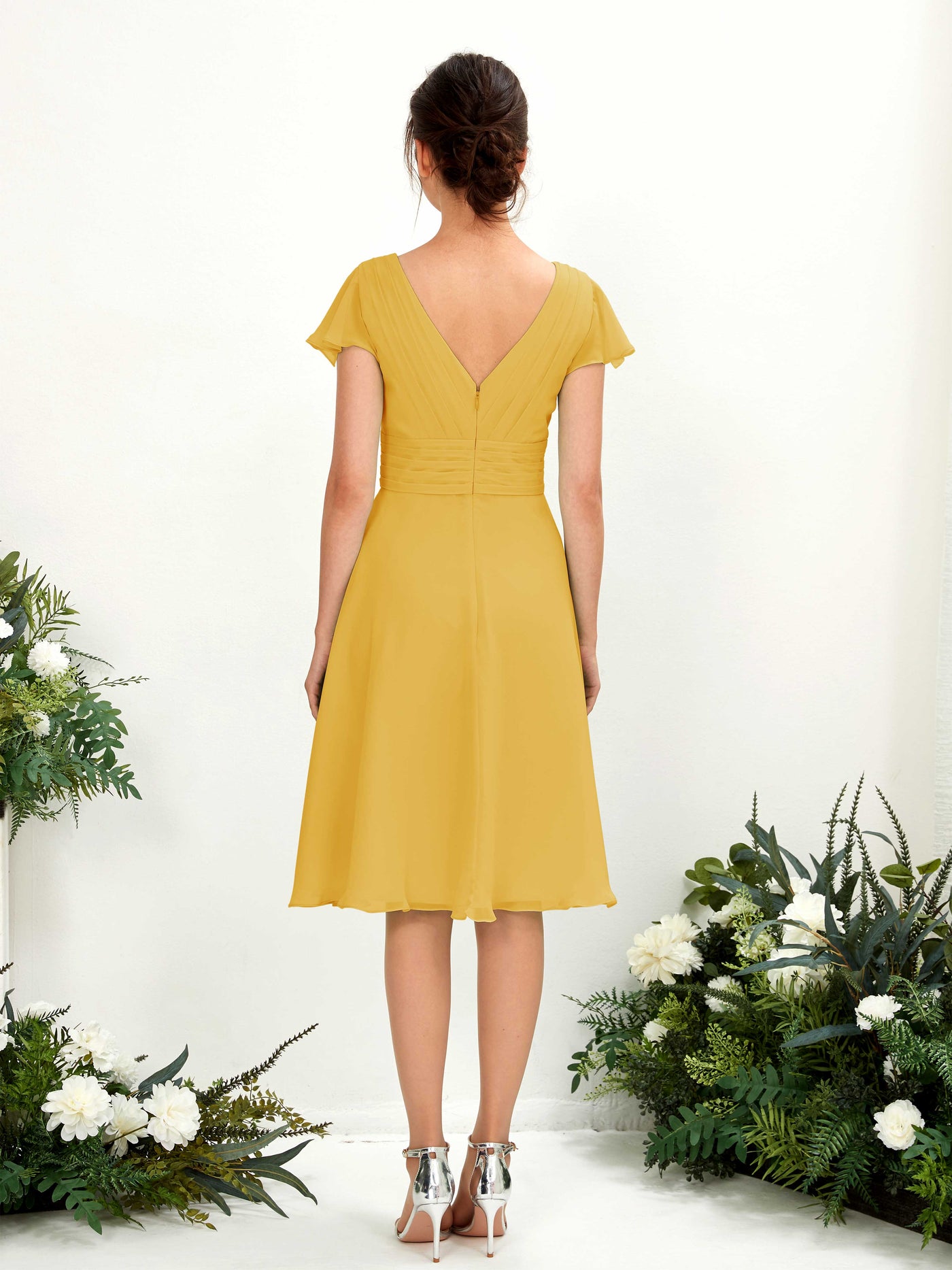 V-neck Short Sleeves Chiffon Bridesmaid Dress - Mustard Yellow (81220233)#color_mustard-yellow