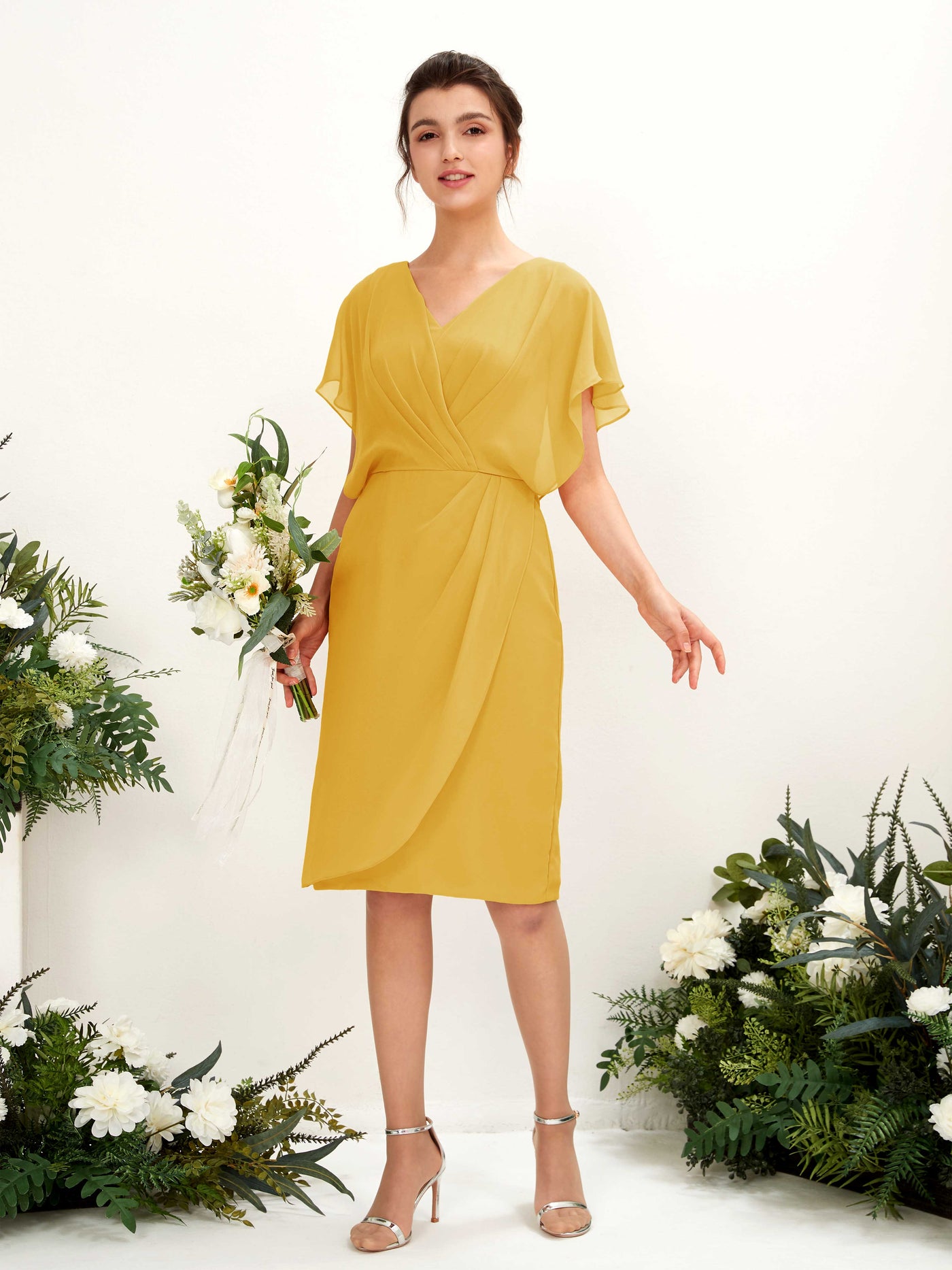 V-neck Short Sleeves Chiffon Bridesmaid Dress - Mustard Yellow (81222233)#color_mustard-yellow