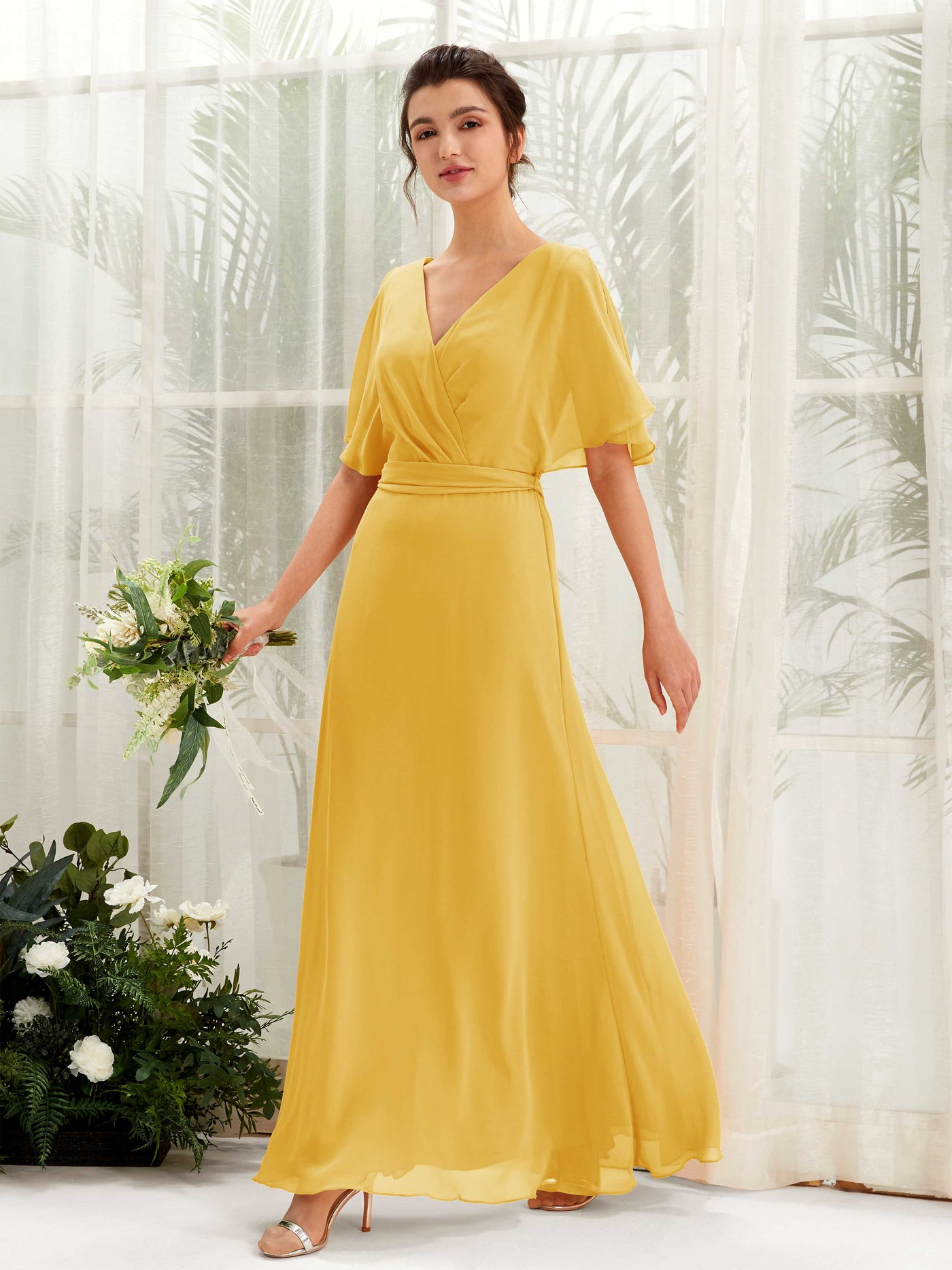 V-neck Short Sleeves Chiffon Bridesmaid Dress - Mustard Yellow (81222433)#color_mustard-yellow
