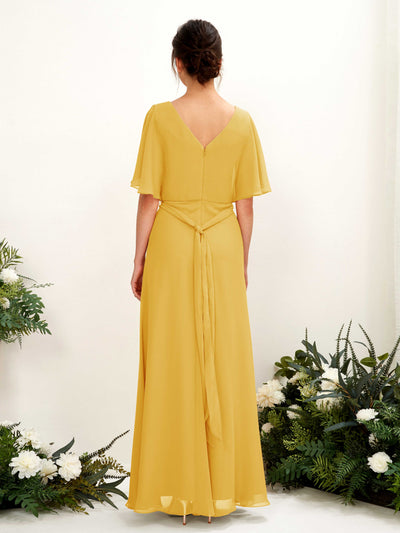 Carlyna Merta A-Line Mustard Yellow Bridesmaid Dress Maxi Short Sleeve V-Neck Dress #color_mustard-yellow