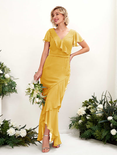 Carlyna Eartha Mermaid Mustard Yellow Bridesmaid Dress Maxi Cap Sleeve V-Neck Dress Front View #color_mustard-yellow