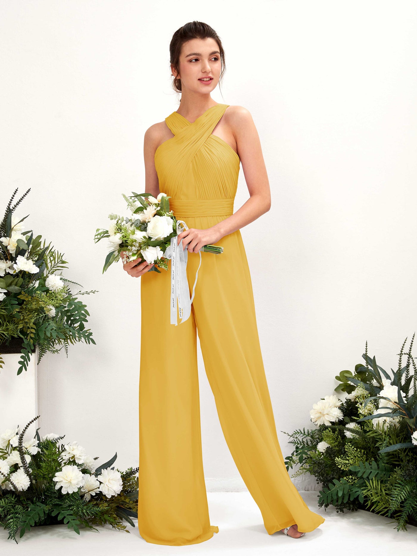 V-neck Sleeveless Chiffon Bridesmaid Dress Wide-Leg Jumpsuit - Mustard Yellow (81220733)#color_mustard-yellow