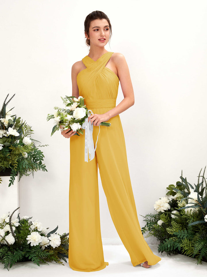 V-neck Sleeveless Chiffon Bridesmaid Dress Wide-Leg Jumpsuit - Mustard Yellow (81220733)