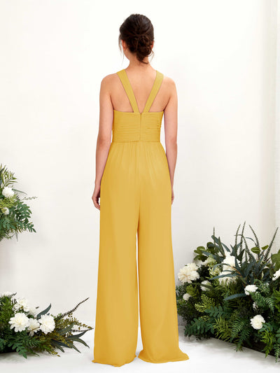 Carlyna Hilona Jumpsuit Mustard Yellow Bridesmaid Dress Maxi Sleeveless V-Neck Dress Back View #color_mustard-yellow