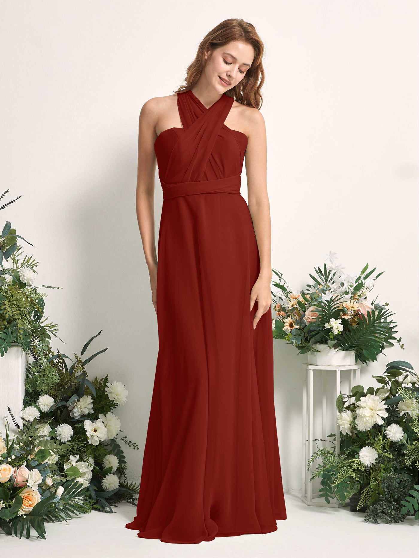 Bridesmaid Dress A-line Chiffon Halter Full Length Short Sleeves Wedding Party Dress - Rust (81226319)#color_rust