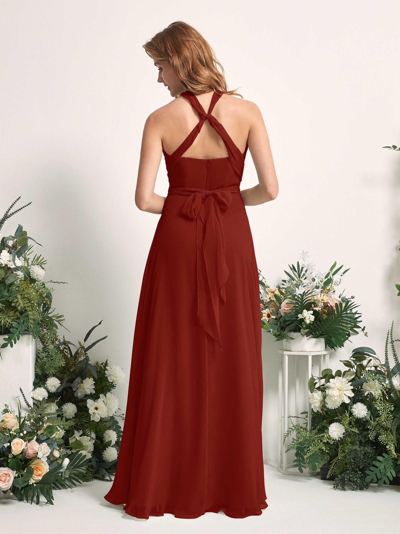 Bridesmaid Dress A-line Chiffon Halter Full Length Short Sleeves Wedding Party Dress - Rust (81226319)#color_rust