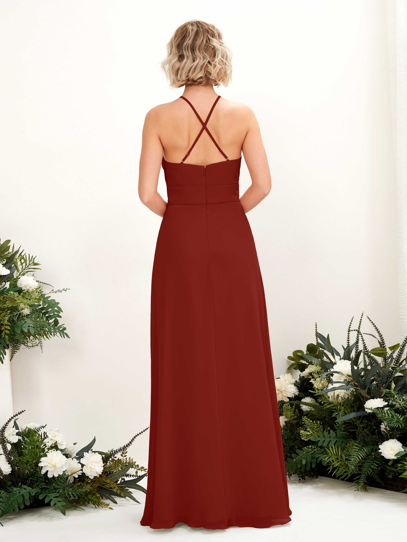 A-line Ball Gown Halter Spaghetti-straps Sleeveless Bridesmaid Dress - Rust (81225219)#color_rust