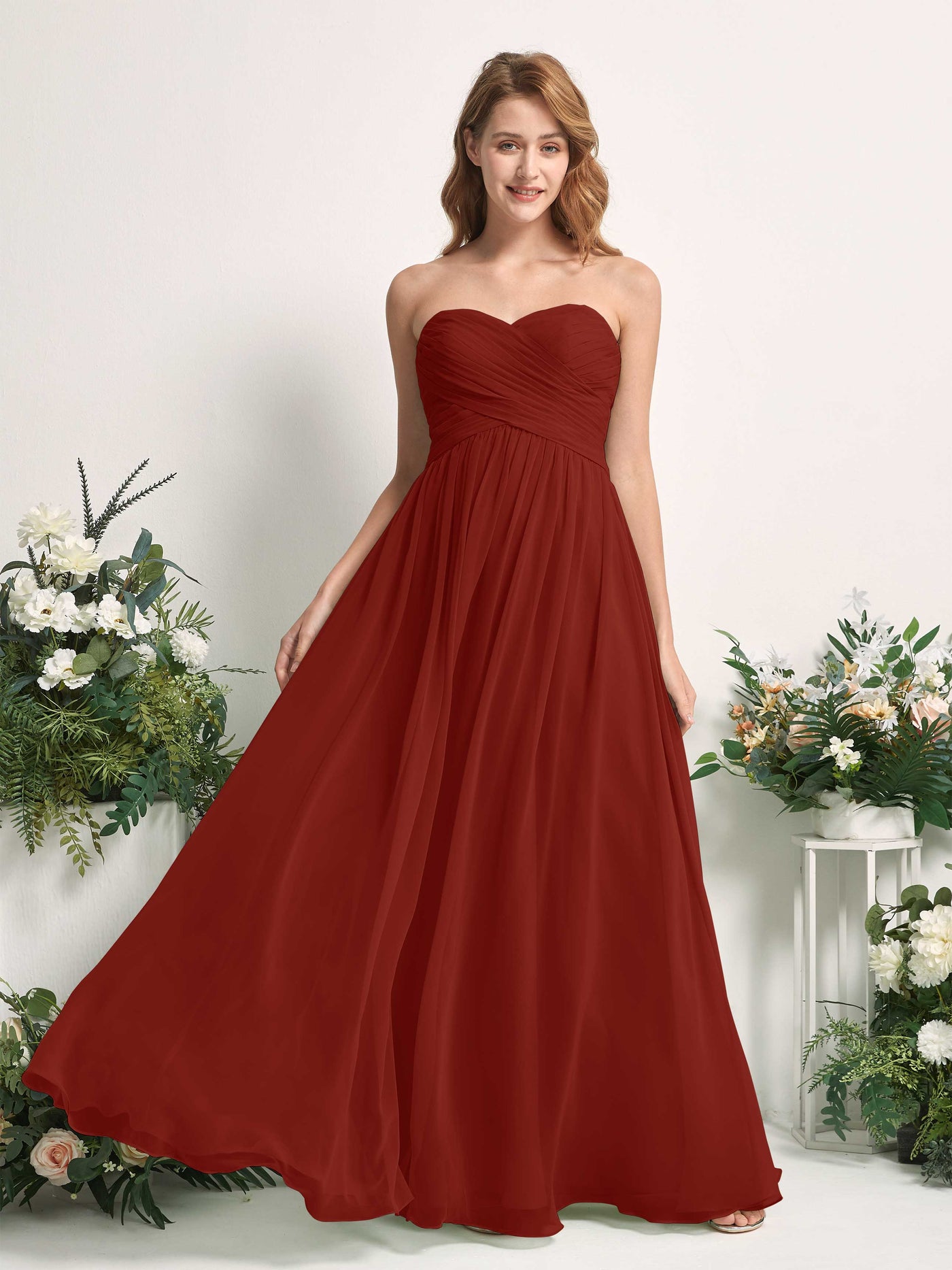 Bridesmaid Dress A-line Chiffon Sweetheart Full Length Sleeveless Wedding Party Dress - Rust (81226919)#color_rust