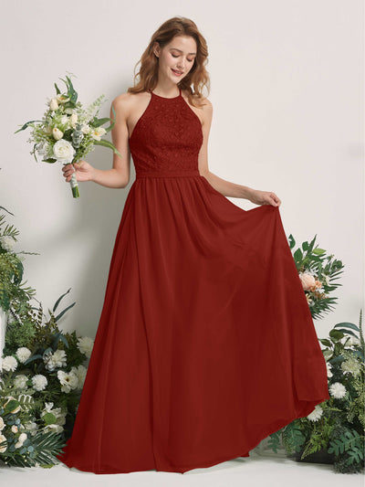 Carlyna Denise A-Line Rust Embroidered Bridesmaid Dress Maxi Sleeveless Round Neck Dress Front View #color_rust