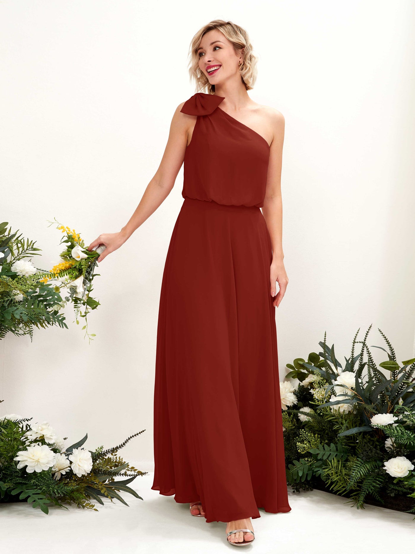 A-line One Shoulder Sleeveless Chiffon Bridesmaid Dress - Rust (81225519)#color_rust
