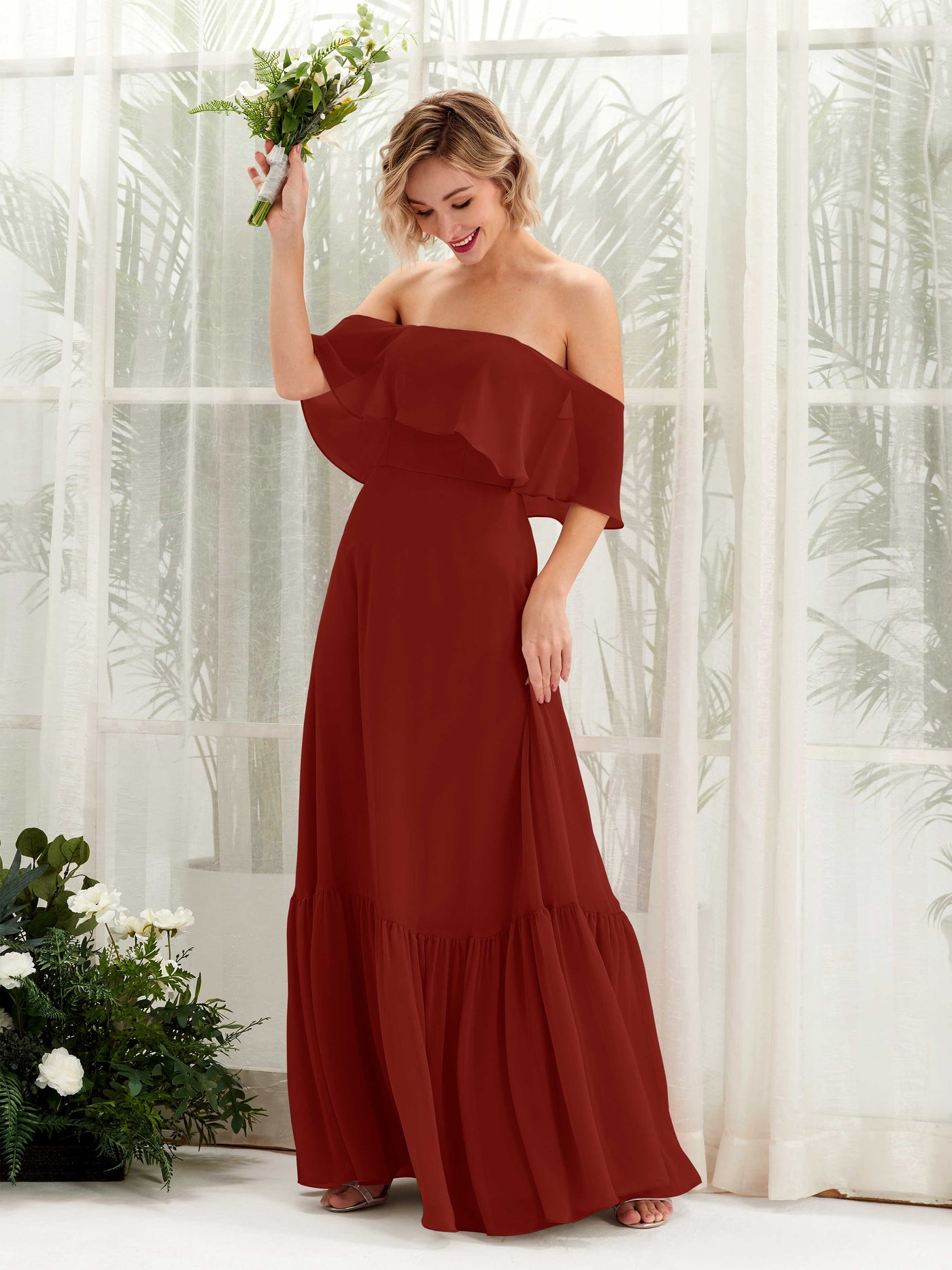 A-line Off Shoulder Chiffon Bridesmaid Dress - Rust (81224519)#color_rust