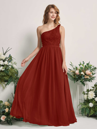 Carlyna Bonita A-Line Rust Embroidered Bridesmaid Dress Maxi Sleeveless One Shoulder Dress Front View #color_rust
