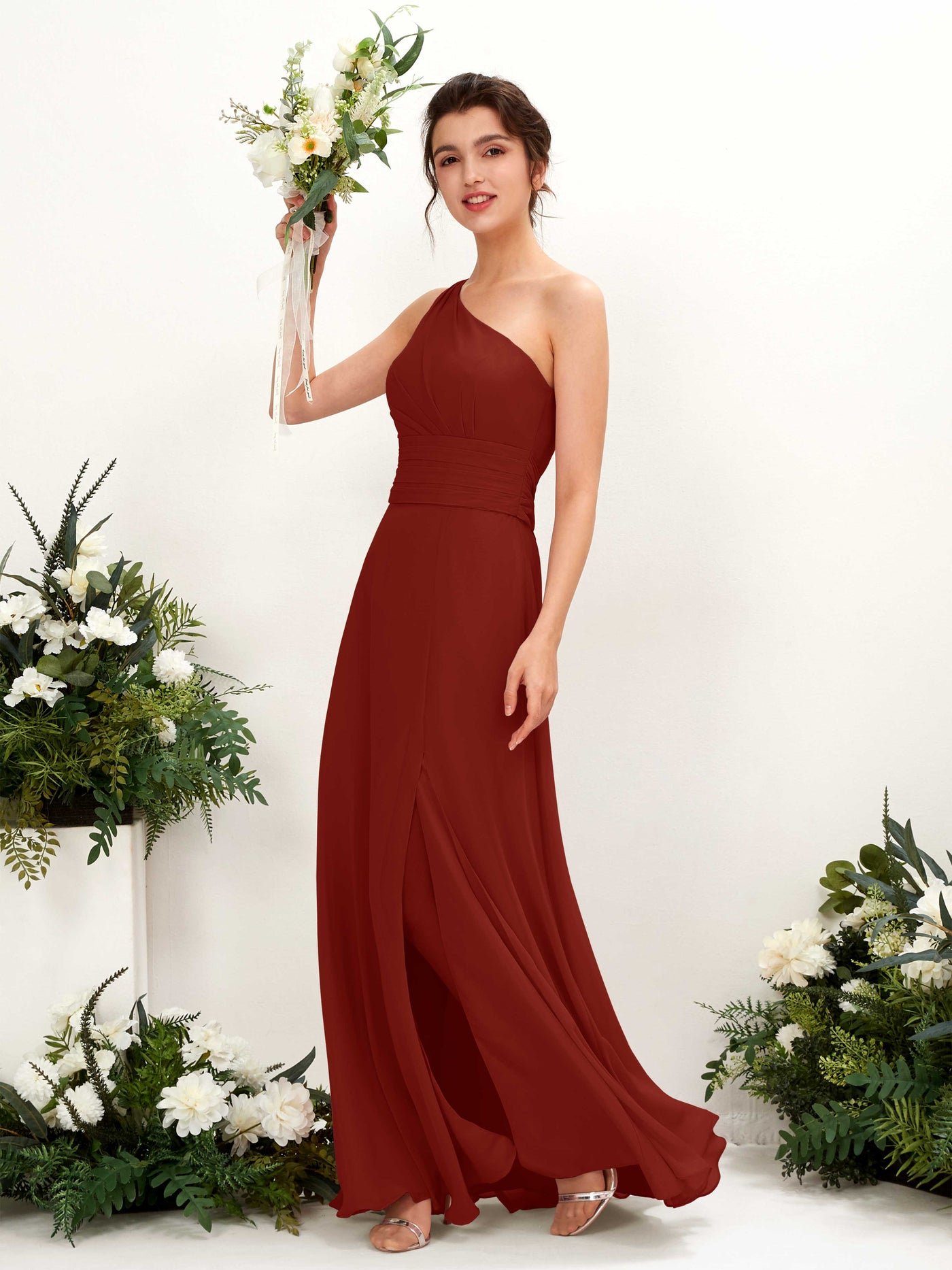 A-line One Shoulder Sleeveless Bridesmaid Dress - Rust (81224719)#color_rust