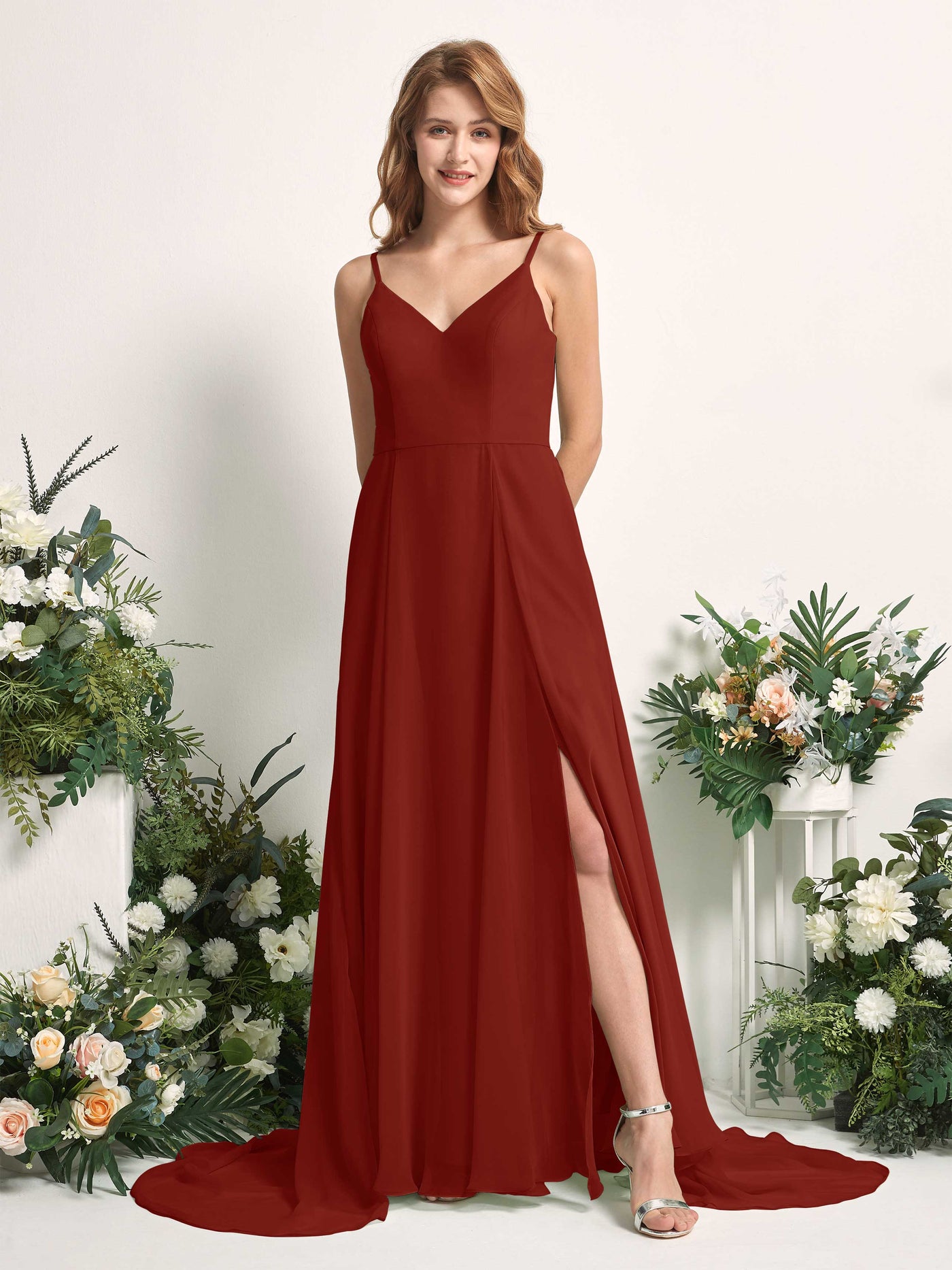 Bridesmaid Dress A-line Chiffon Spaghetti-straps Full Length Sleeveless Wedding Party Dress - Rust (81227719)#color_rust