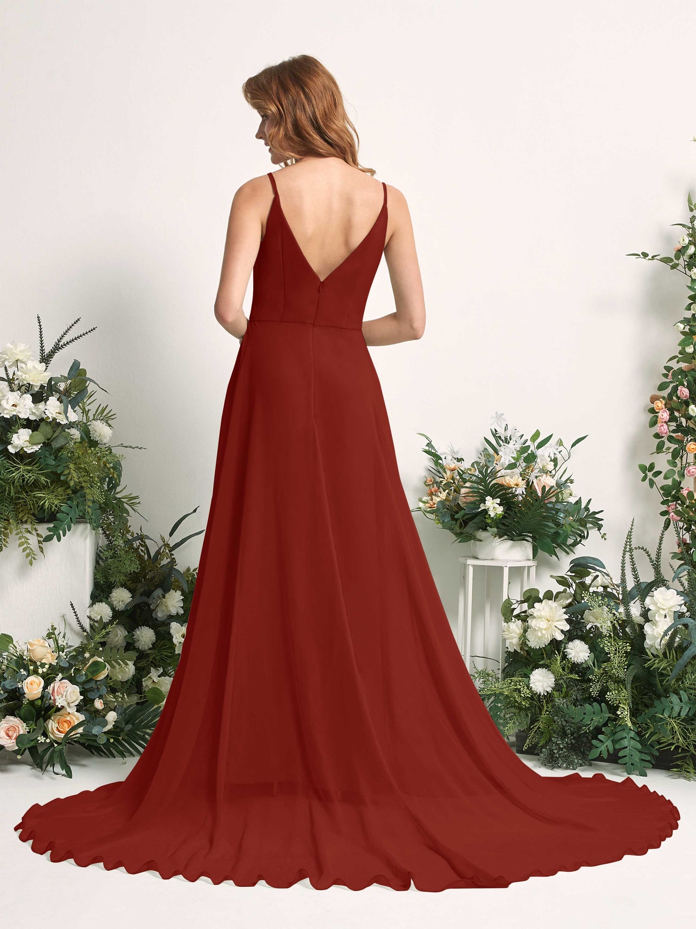 Bridesmaid Dress A-line Chiffon Spaghetti-straps Full Length Sleeveless Wedding Party Dress - Rust (81227719)#color_rust