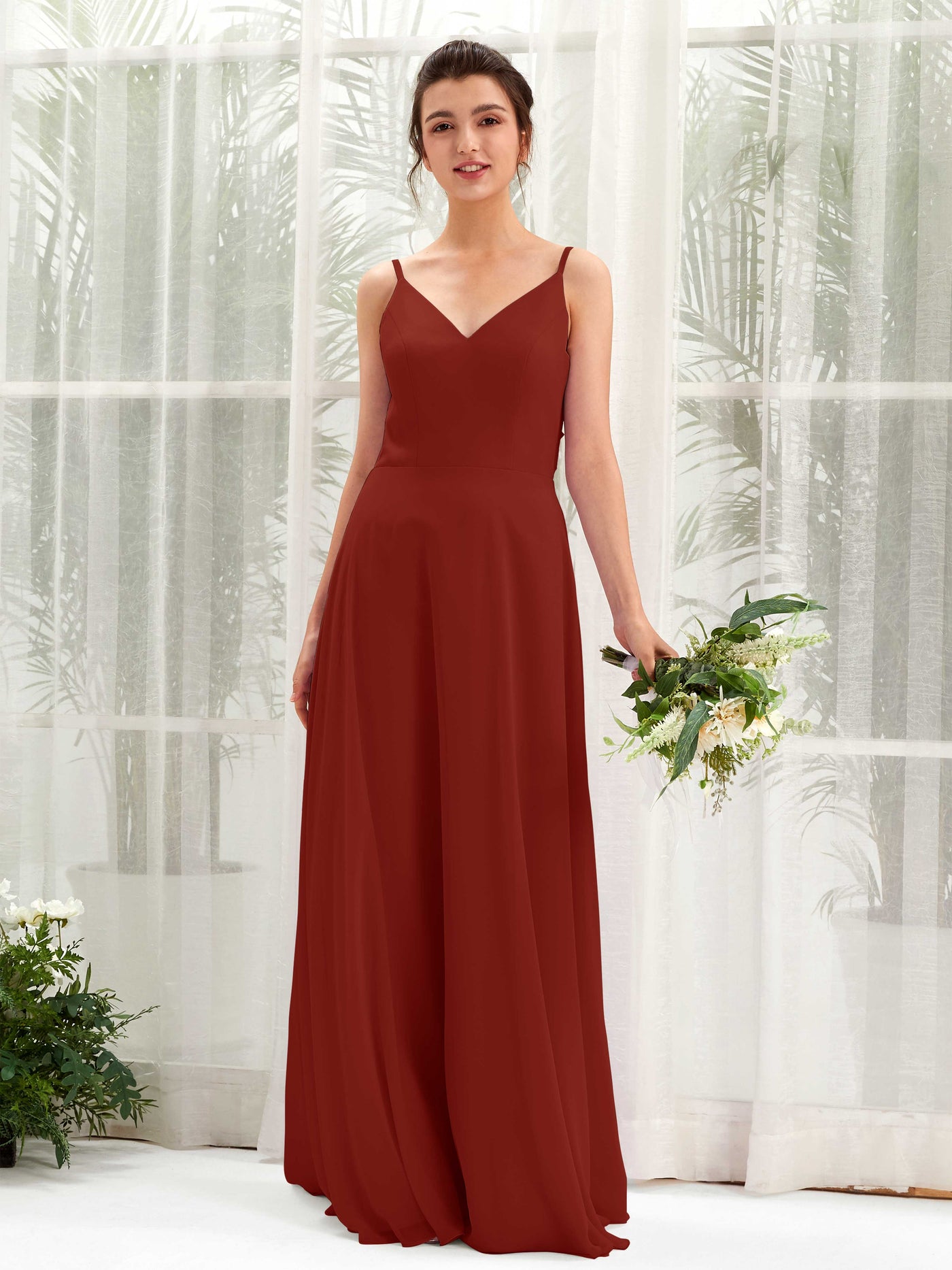 A-line Spaghetti-straps V-neck Sleeveless Chiffon Bridesmaid Dress - Rust (81220619)#color_rust