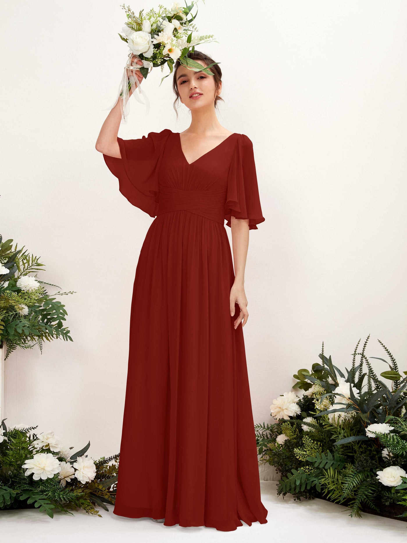 A-line V-neck 1/2 Sleeves Chiffon Bridesmaid Dress - Rust (81221619)#color_rust