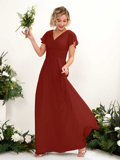 Carlyna Tolly A-Line Rust Bridesmaid Dress Maxi Cap Sleeve V-Neck Dress #color_rust
