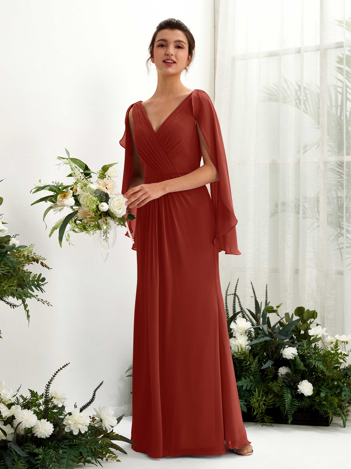 A-line V-neck Chiffon Bridesmaid Dress - Rust (80220119)#color_rust