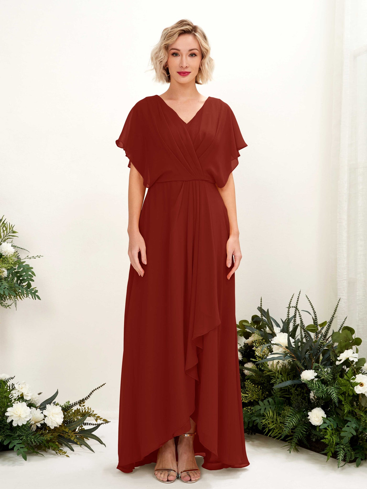 A-line V-neck Short Sleeves Chiffon Bridesmaid Dress - Rust (81222119)#color_rust
