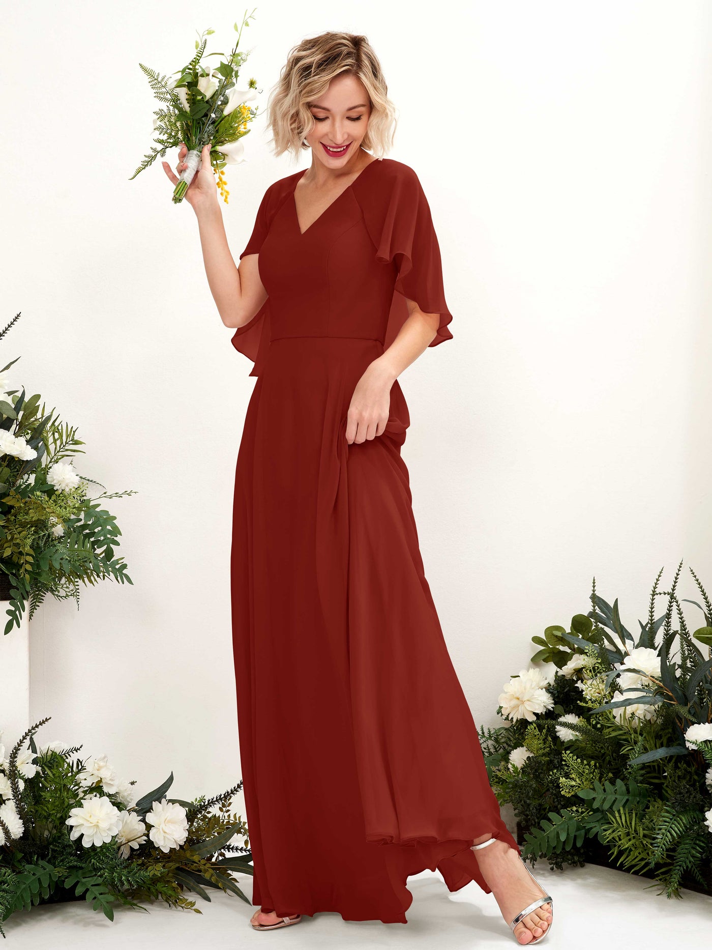 A-line V-neck Short Sleeves Chiffon Bridesmaid Dress - Rust (81224419)#color_rust