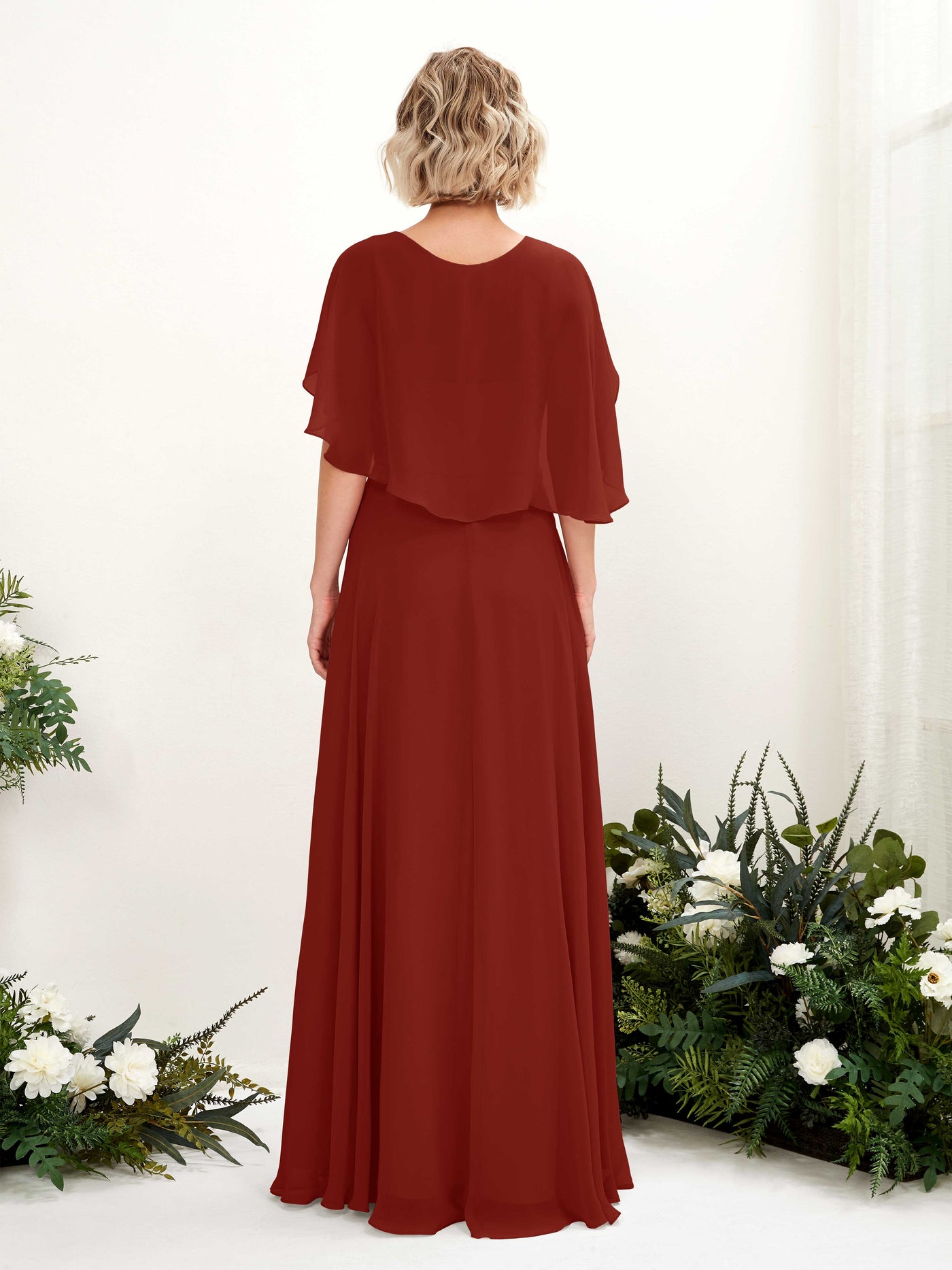 A-line V-neck Short Sleeves Chiffon Bridesmaid Dress - Rust (81224419)#color_rust