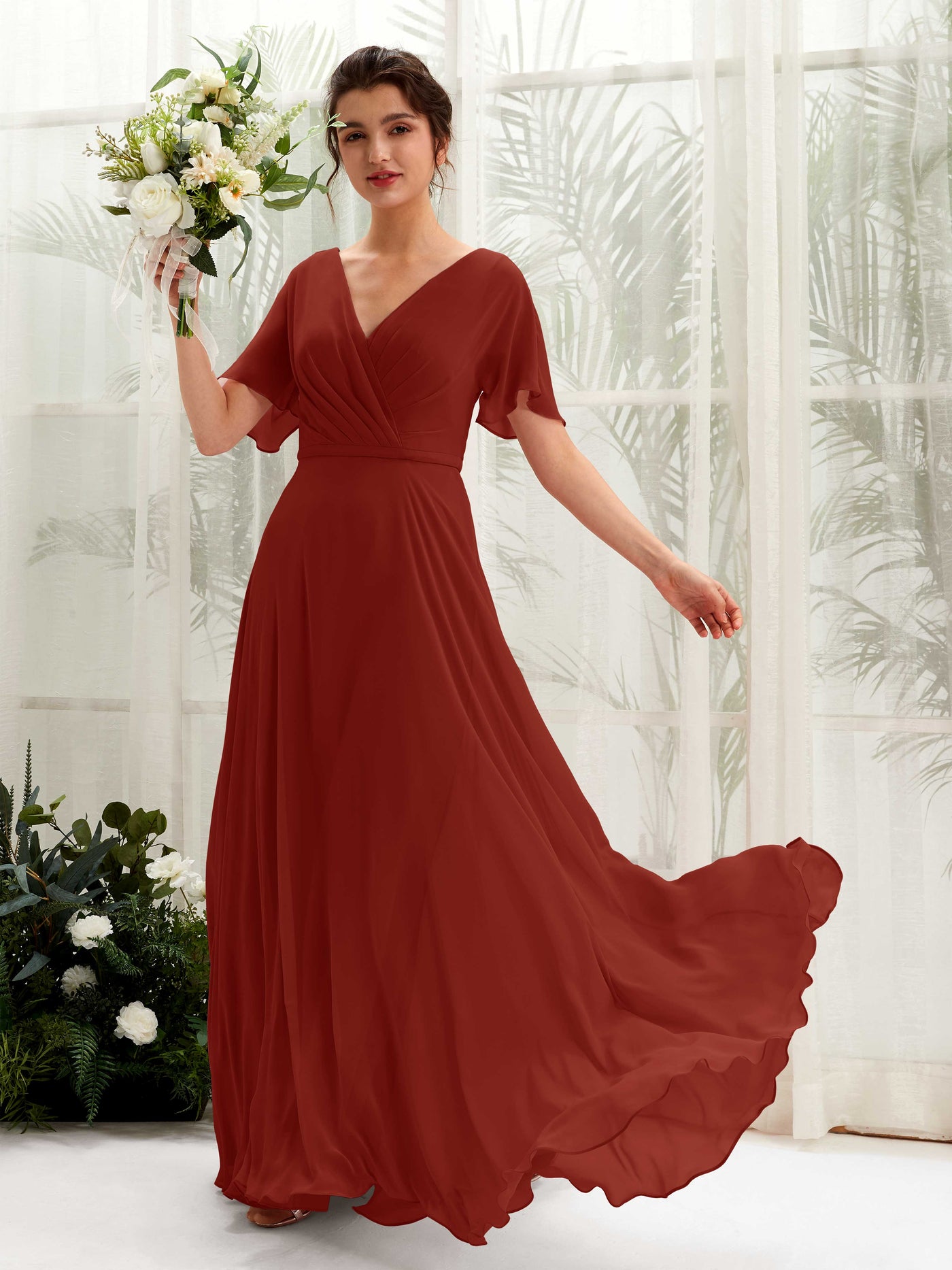 A-line V-neck Short Sleeves Chiffon Bridesmaid Dress - Rust (81224619)#color_rust