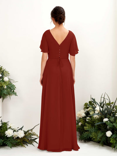 Carlyna Daphne A-Line Rust Bridesmaid Dress Maxi Short Sleeve V-Neck Dress Back View #color_rust