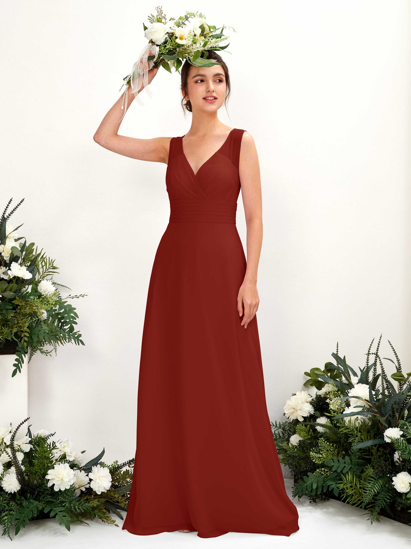 A-line V-neck Sleeveless Chiffon Bridesmaid Dress - Rust (81220919)#color_rust