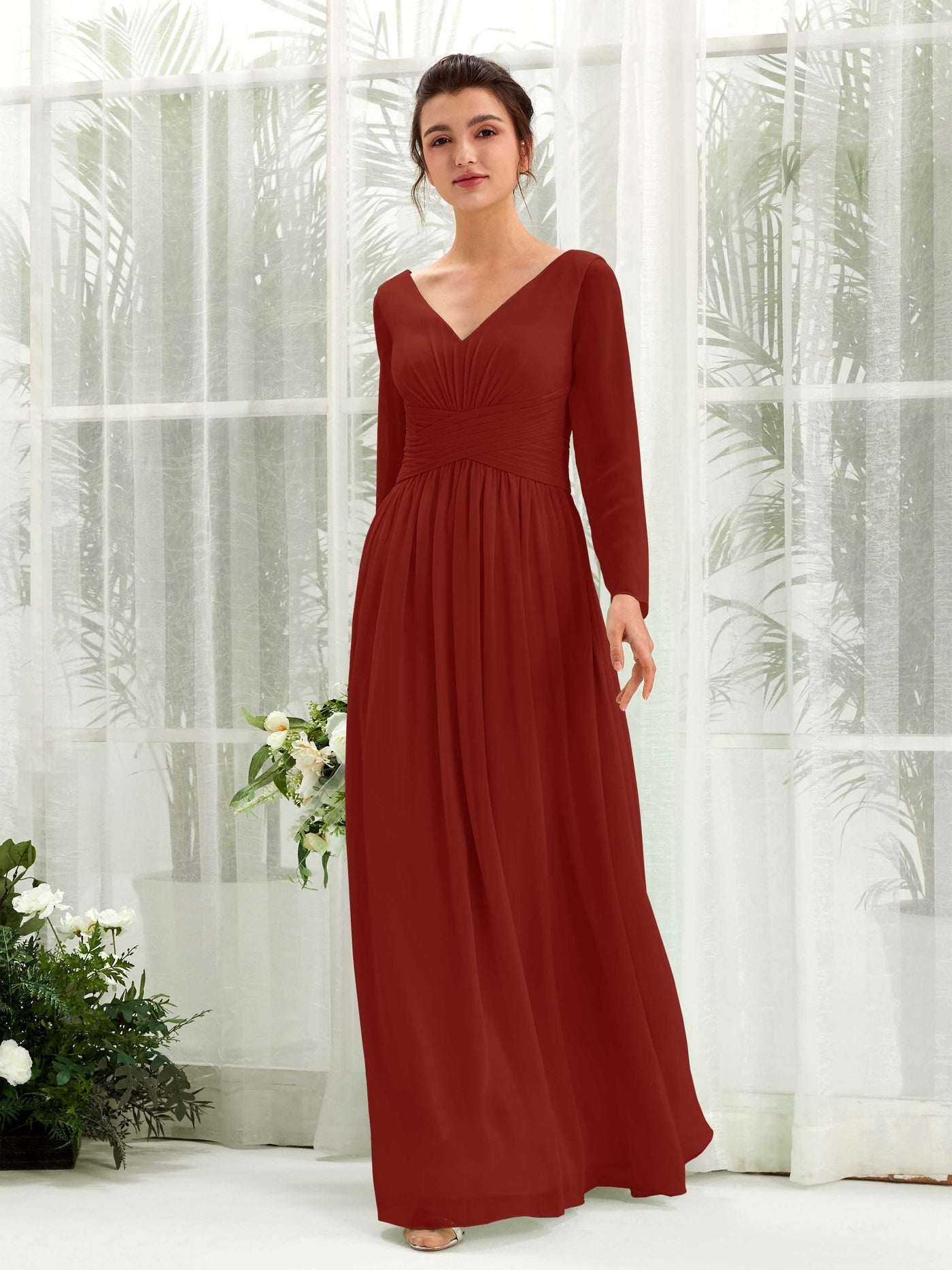 Ball Gown V-neck Long Sleeves Chiffon Bridesmaid Dress - Rust (81220319)#color_rust