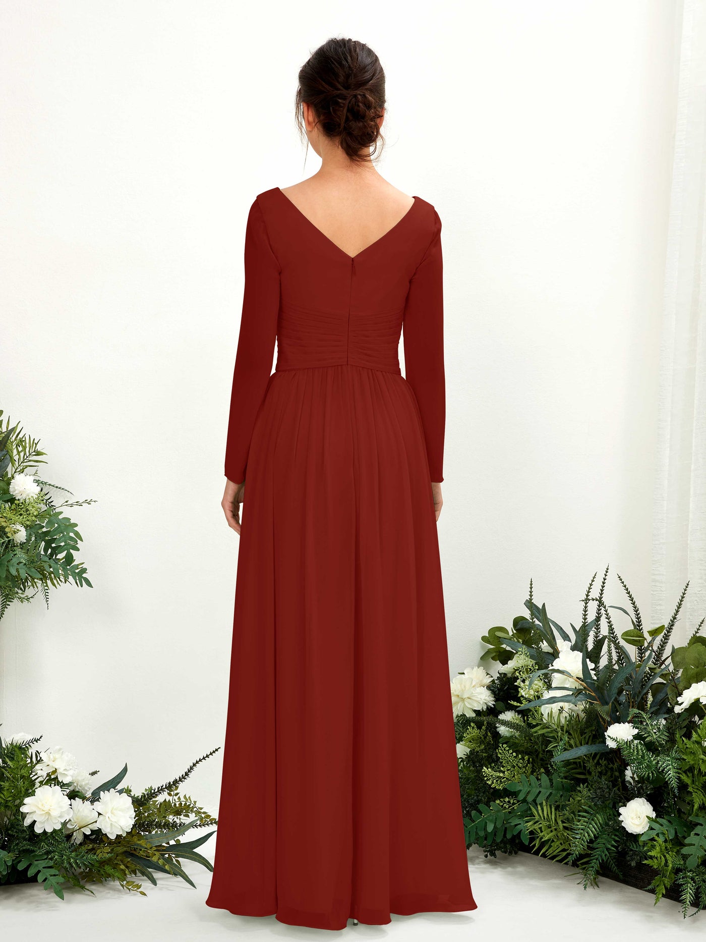 Ball Gown V-neck Long Sleeves Chiffon Bridesmaid Dress - Rust (81220319)#color_rust