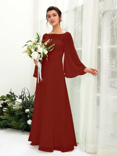 Carlyna Elie A-Line Rust Bridesmaid Dress Maxi Long Sleeve Boat Neck Front View #color_rust