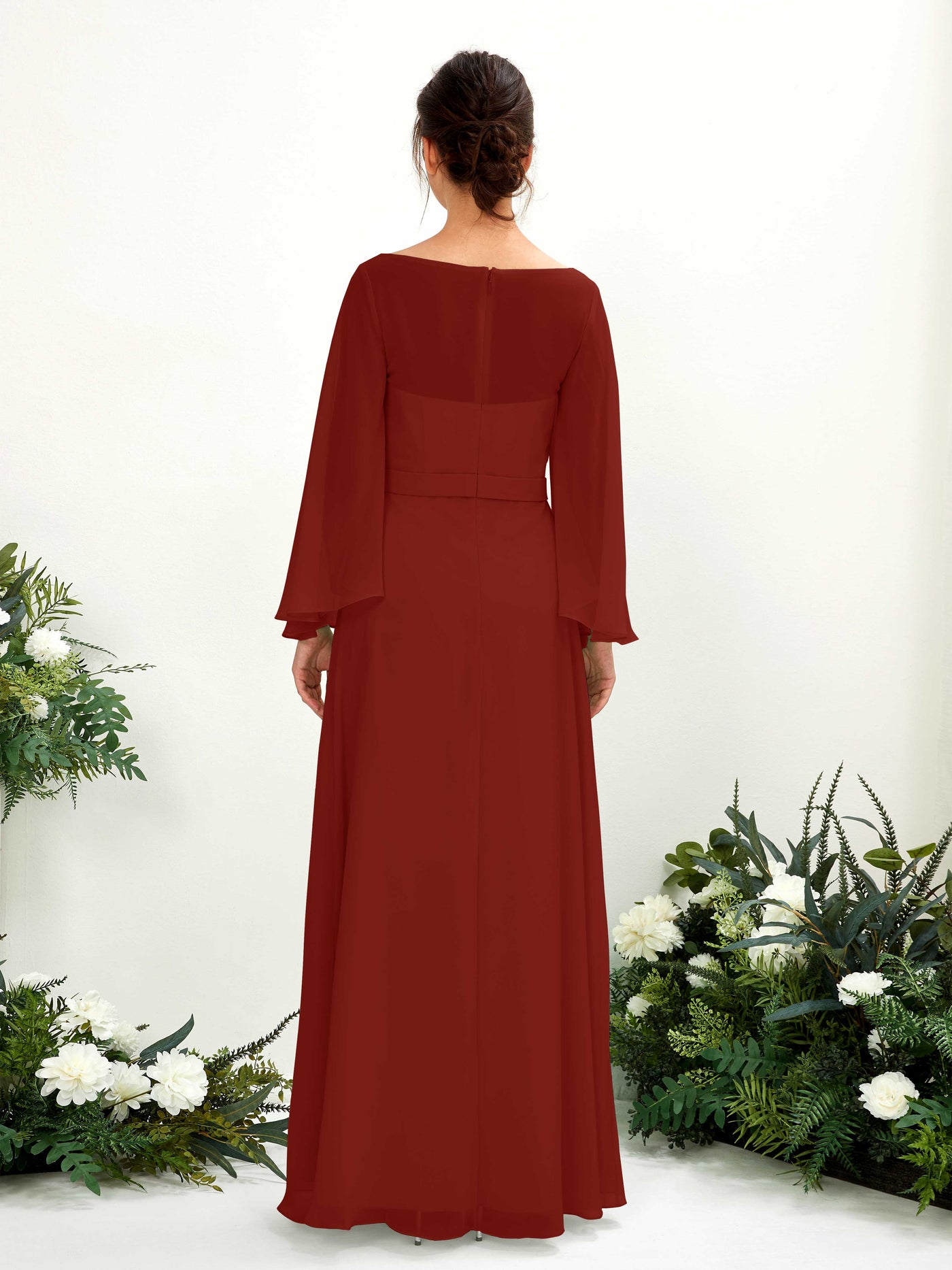 Bateau Illusion Long Sleeves Chiffon Bridesmaid Dress - Rust (81220519)#color_rust
