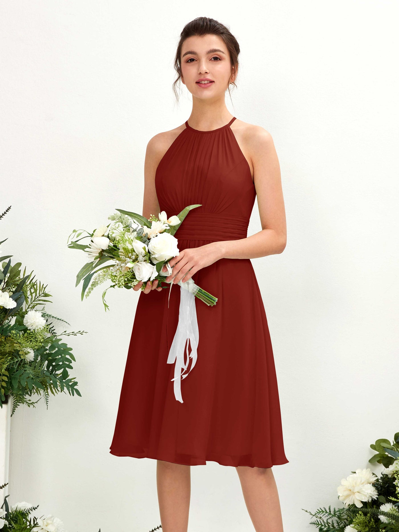 Halter Sleeveless Chiffon Bridesmaid Dress - Rust (81220119)#color_rust