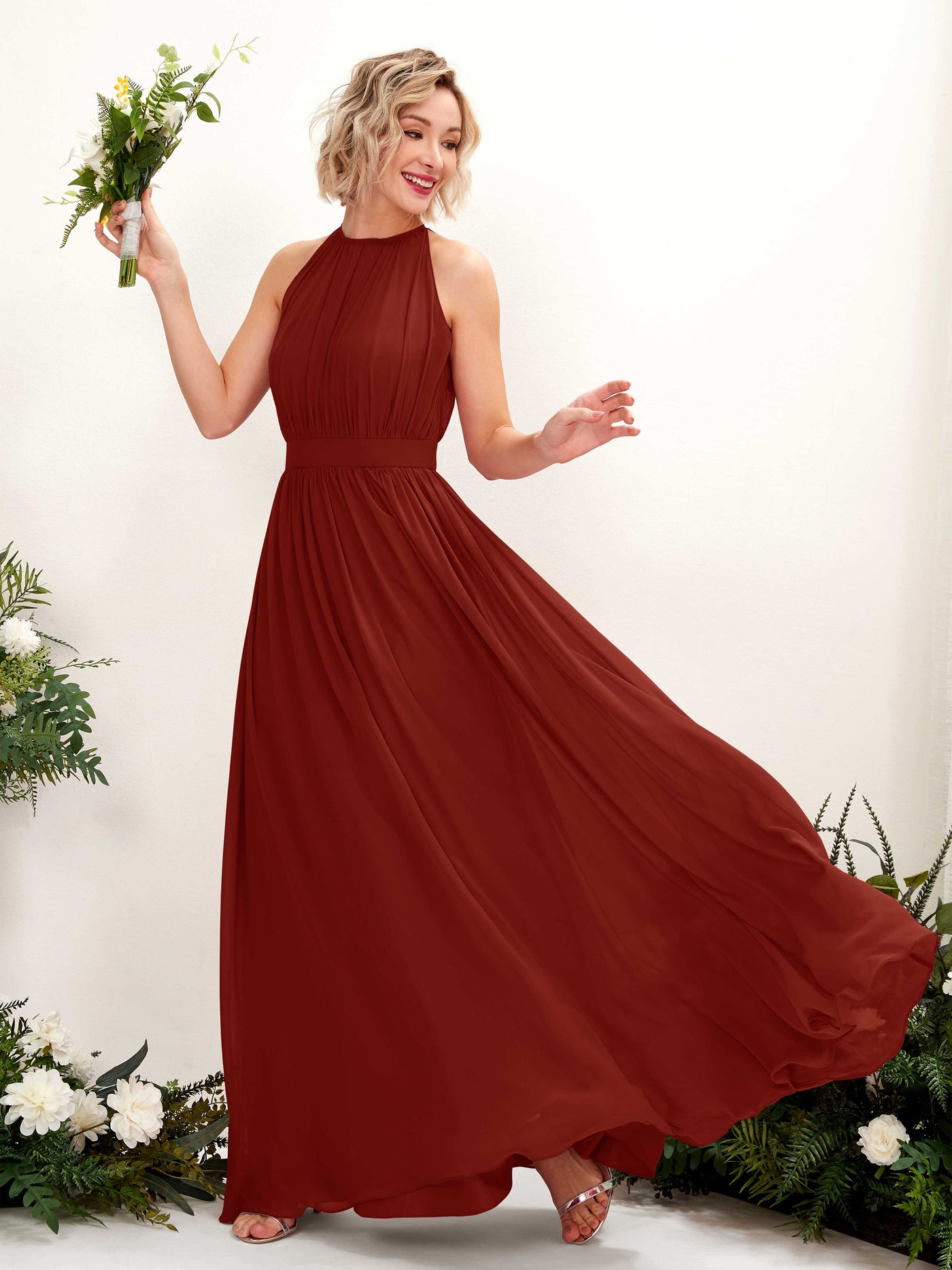 Halter Sleeveless Chiffon Bridesmaid Dress - Rust (81223119)#color_rust