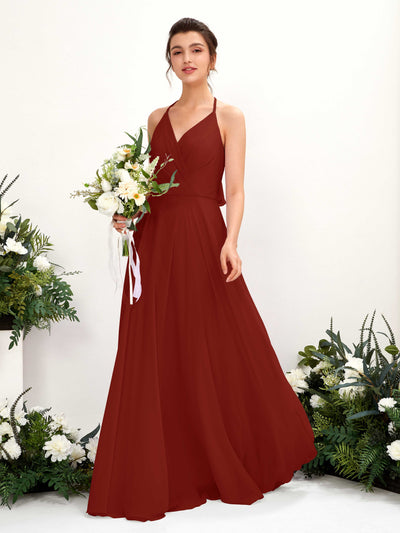 Carlyna Launo A-Line Rust Bridesmaid Dress Maxi Sleeveless V-Neck Dress #color_rust