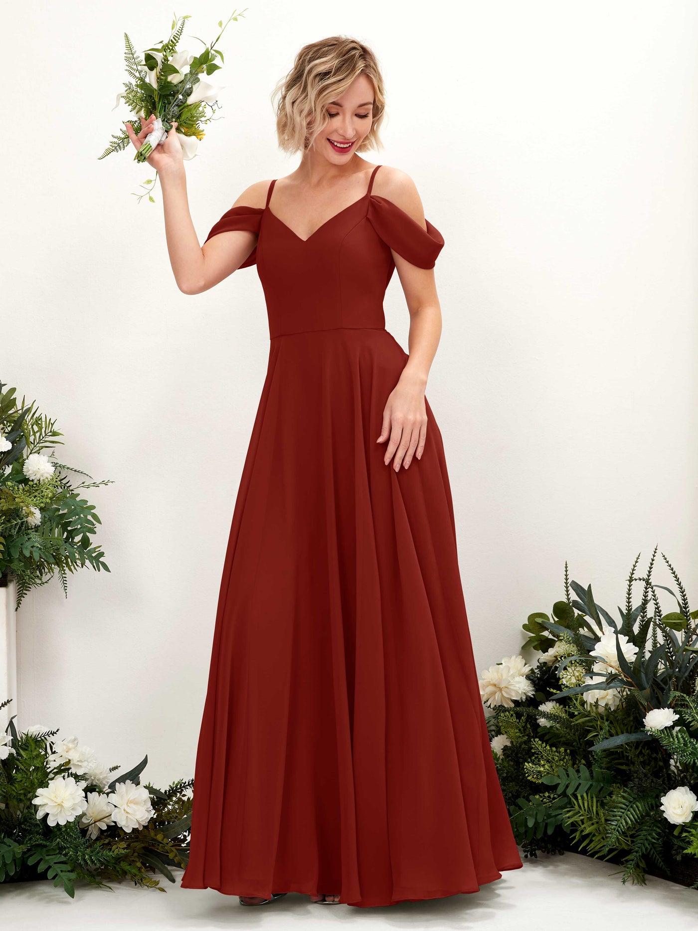 Off Shoulder Straps V-neck Sleeveless Chiffon Bridesmaid Dress - Rust (81224919)#color_rust
