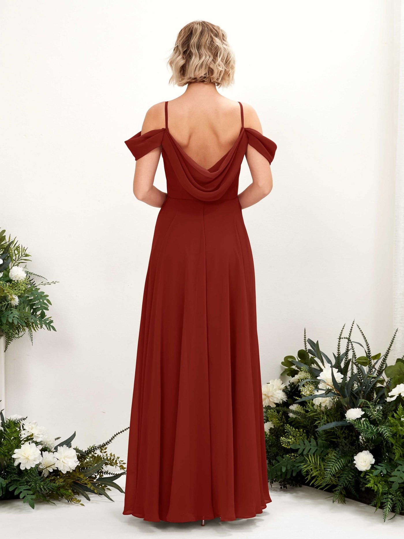 Off Shoulder Straps V-neck Sleeveless Chiffon Bridesmaid Dress - Rust (81224919)#color_rust