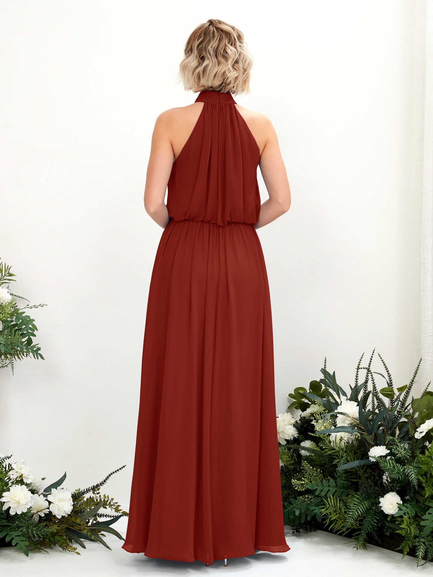 Halter Sleeveless Chiffon Bridesmaid Dress - Rust (81222919)#color_rust