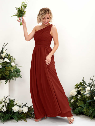 Carlyna Flaze A-Line Rust Bridesmaid Dress Maxi Sleeveless One Shoulder Dress Front View #color_rust