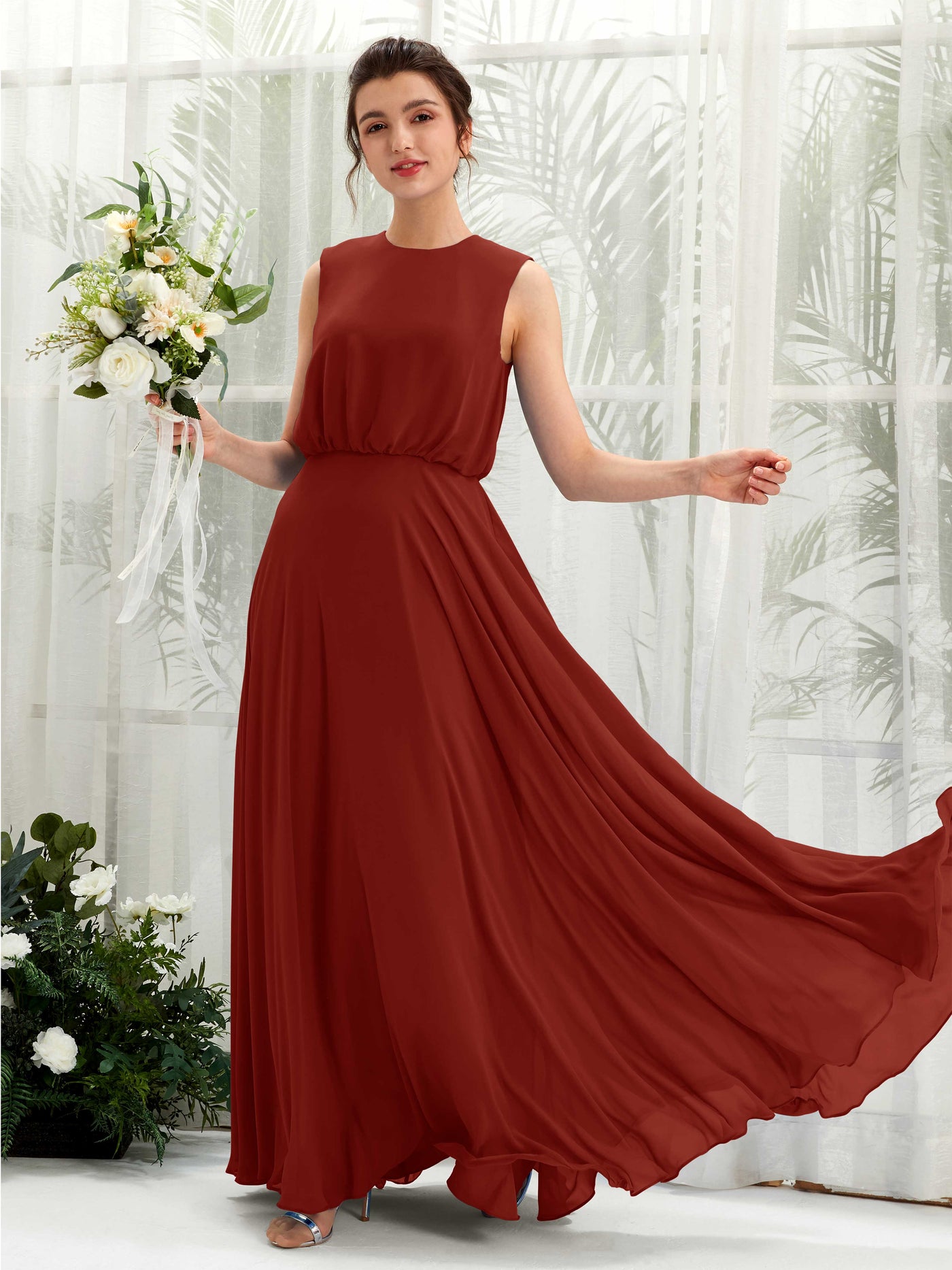 Round Sleeveless Chiffon Bridesmaid Dress - Rust (81222819)#color_rust