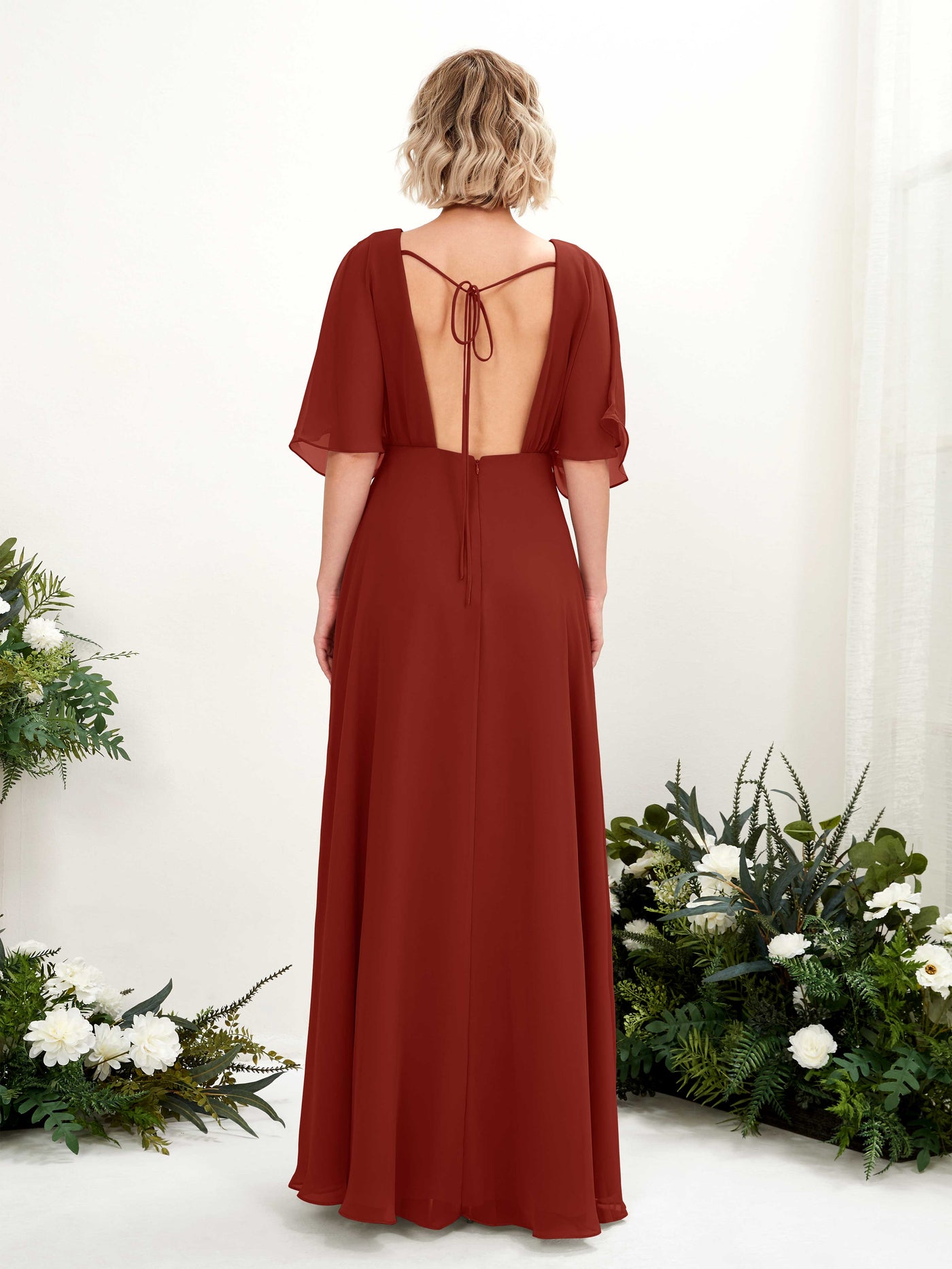 V-neck 1/2 Sleeves Chiffon Bridesmaid Dress - Rust (81225119)#color_rust