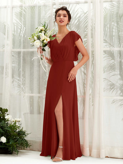 Carlyna Annie A-Line Rust Bridesmaid Dress Maxi Cap Sleeve V-Neck Dress Front View #color_rust